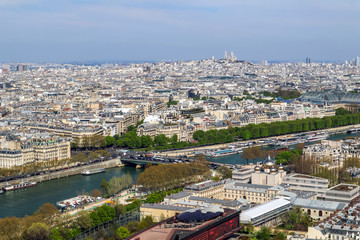 Aerial view of Paris city and Seine river from Eiffel Tower. France. April 2019