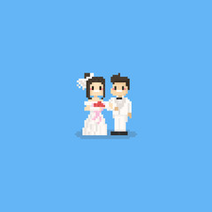 Wall Mural - Pixel cute couple in white wedding cloths.8bit character.