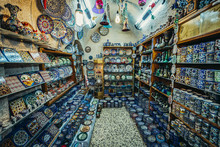 Ceramic Plates And Other Souvenirs For Sale On Arab Baazar Located Inside The Walls Of The Old City Of Jerusalem, Israel