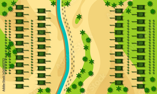 Fotomural Battlefield cartoon vector illustration top view concept.
