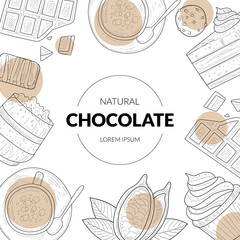 Canvas Print - Natural Chocolate Banner Template with Chocolate Desserts Hand Drawn Pattern and Place for Text, Design Element Can Be Used Packaging, Label, Branding Identity, Certificate, Vector Illustration