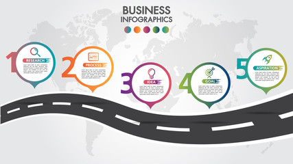 Wall Mural - business infographic road design template with icons colorful pin pointer and 5 numbers options. can