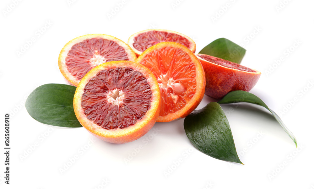 Cut blood oranges on white background