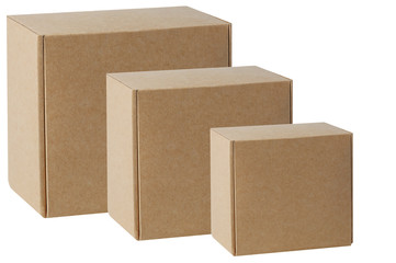 Cardboard boxes of various sizes are arranged in a row diagonally. Isolated on a white background.