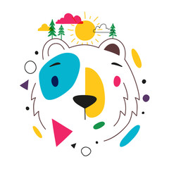 Vector illustration with abstract colored bear head, green pine trees, yellow sun, pink cloud and geometric elements.
