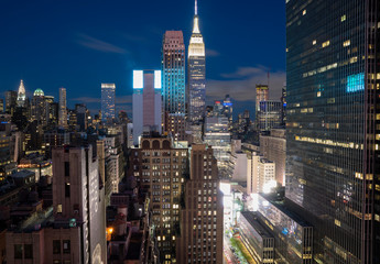 A view towards the skyscrapers of midtown Manhattan during blue hour