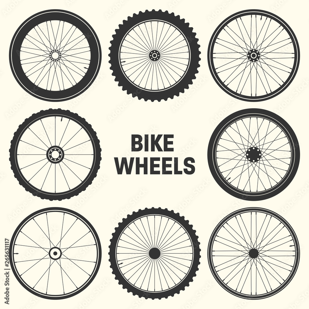 Bicycle wheel symbol vector illustration. Bike rubber mountain tyre, valve. Fitness cycle, mtb, mountainbike. - obrazy, fototapety, plakaty 