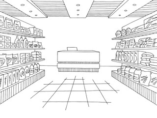 Grocery store shop interior black white graphic sketch illustration vector