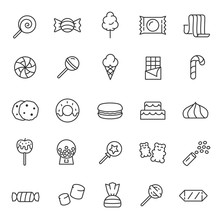 Candy, Confectionery, Icon Set. Confections, Sweets, Sweet Pastries, Linear Icons. Line With Editable Stroke
