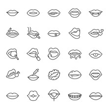 Lips, Icon Set. Mouth, Linear Icons. Line With Editable Stroke