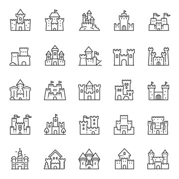 castles of different shapes, icon set. castle, linear icons. line with editable stroke