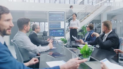 Aufkleber - In the Corporate Meeting Room: Female Analyst Uses Digital Interactive Whiteboard for Presentation to a Board of Executives, Lawyers, Investors. Screen Shows Company Growth Data with Animated Graphs
