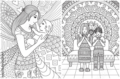 Download Mother Holding Her Son With Love And Praying Collection For Adult Coloring Book Printing Card And Other Design Element Vector Illustration Stock Vector Adobe Stock