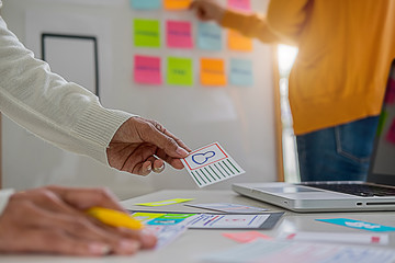 Creative Web Designer planning application and developing template layout, framework for mobile phone. User experience (UX) concept.