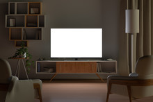 Tv Mockup In Living Room At Night. Tv Screen, Tv Cabinet, Chairs, Bookshelf