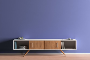 TV cabinet in modern living room with blue wall background