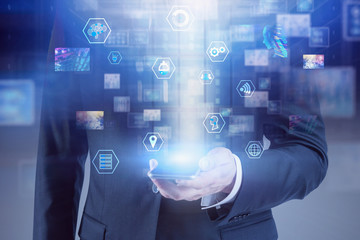 Poster - Man with smartphone, digital business interface