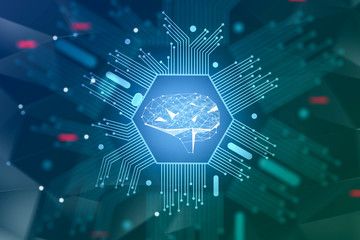 Poster - AI concept, blue digital brain hologram