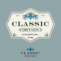 Wall Mural - Classic gin label. Juniper berries with leaves and letters. Geometrycal label  for packaging. 