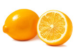 Fototapeta  - Fresh orange Tashkent lemons or Meyer lemons, one whole and one half isolated on white background with shadow