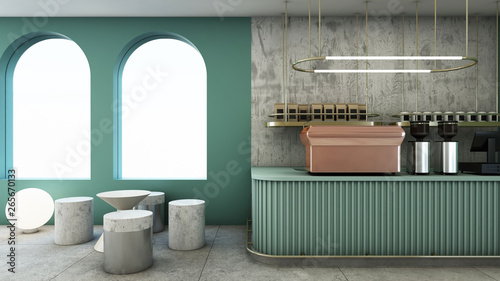 Cafe Shop Design Modern Minimal Green Counter Gold Metal Light