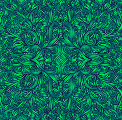 Wall Mural - Shamanic fractal mandala texture. Ethno style. Ggradient green colors. Decorative tribal element flower pattern. Vector fantasy surreal illustration.