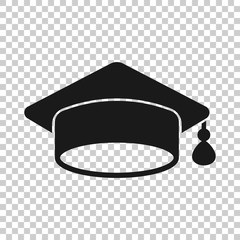 Graduation cap icon in transparent style. Education hat vector illustration on isolated background. University bachelor business concept.