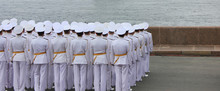 Naval Officers Backside View Standing Together In Group At Military Parade Rehearsal In St. Petersburg, Russia 