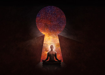 Wall Mural - Man in front of key hole with universe behind