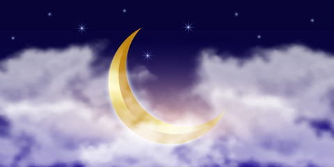 Aufkleber - Muslim golden crescent in clouds with stars. Ramadan Kareem background. Vector illustration.