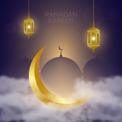 Aufkleber - Golden crescent in clouds, lantern Fanus and Mosque. Muslim feast of the holy month of Ramadan Kareem. Vector illustration.