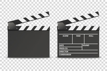 Vector 3d Realistic Opened Movie Film Clap Board Icon Set Closeup Isolated On Transparent Background. Design Template Of Clapperboard, Slapstick, Filmmaking Device. Front View