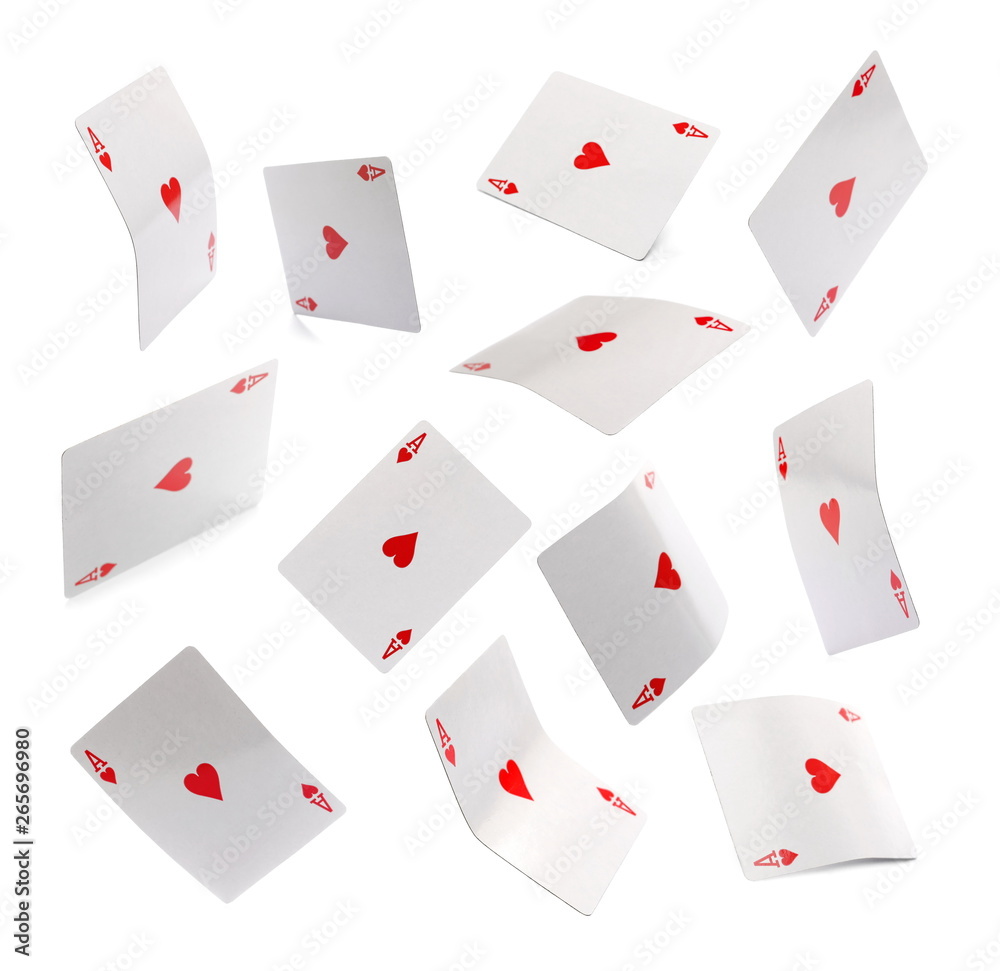 Foto Set flying ace of hearts, playing card, isolated on white