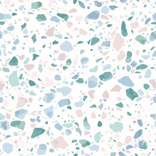 Terrazzo Flooring Seamless Pattern. Realistic Vector Texture Of Mosaic Floor With Natural Stones, Granite, Marble, Quartz, Colorful Glass, Concrete. Trendy Repeat Design In Pink, Blue And Green Colors