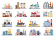 Factory industry manufactory power electricity buildings flat icons set isolated. Urban factory plant landscape vector illustration.
