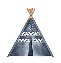 Black And White Tipi Tent Watercolour Illustration. One Single Object, Front View, Triangular Shape. Hand Drawn Water Color Graphic Painting, Cut Out Clip Art Element For Creative Design Decoration.