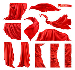 Red curtain vectorized image. Drapery fabric 3d realistic vector set