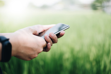 woman using Smartphone in Agriculture farm. For Graphics Display Concept.