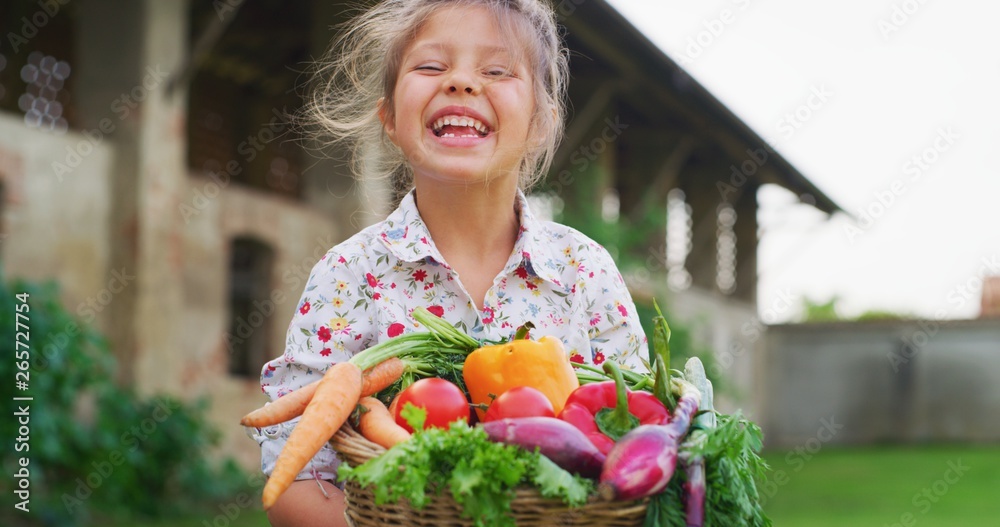 Portrait of happy little girl is holding a basket with fresh biologic just harvested vegetables and smiling in camera on a background of a countryside farm. - obrazy, fototapety, plakaty 