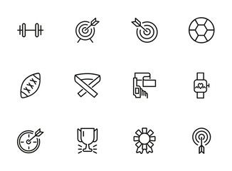 Sports equipment icon set. Line icons collection on white background. Dart, football, attribute. Training concept. Can be used for topics like activity, championship, game