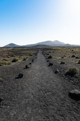 Wall Mural - Lava walking path through volcanic terrain near Timanfaya national park on Lanzarote island, Canary Islands, Spain