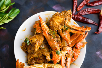 Spicy chili crab curry, a famous seafood dish in Sri Lanka, India and Singapore.