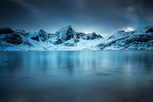Long Exposure Over A Fjord In Lofoten Islands, Norway. Winter Cold Day