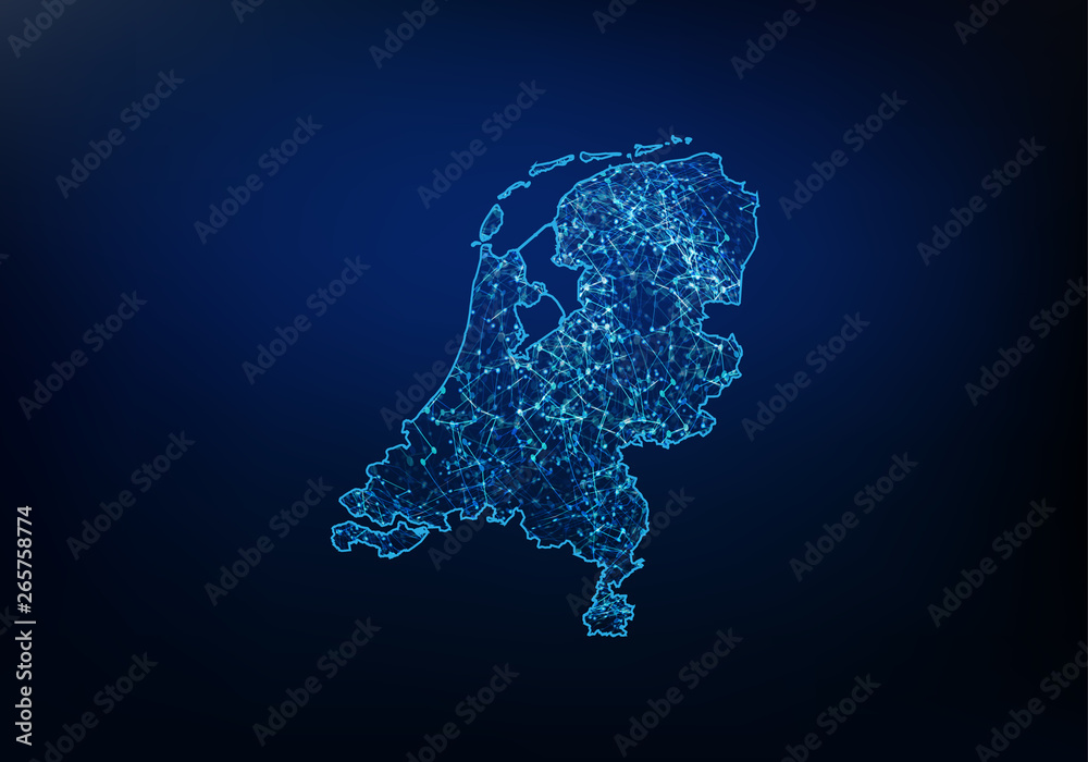 Abstract of netherlands map network, internet and global connection concept, Wire Frame 3D mesh polygonal network line, design sphere, dot and structure. Vector illustration eps 10. - obrazy, fototapety, plakaty 