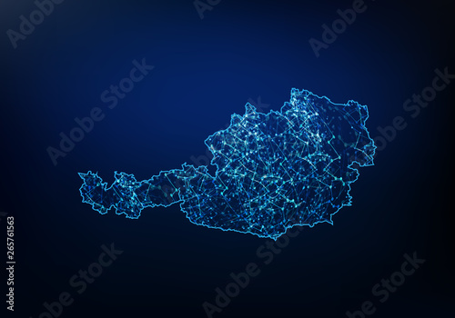 Cuadros en Lienzo Abstract of austria map network, internet and global connection concept, Wire Frame 3D mesh polygonal network line, design sphere, dot and structure