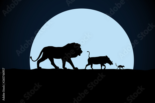 Fotografia, Obraz  Lion, warthog and woodchuck silhouette on a moon background