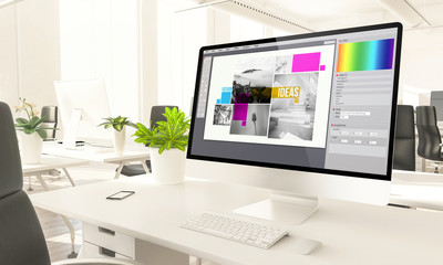 Poster - graphic design screen mockup computer in loft office