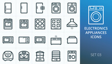 Household Appliances And Electronics Icons Set. Set Of Refrigerator, Freezer, Washing Machine, Cooker Oven, Electric Hob, Gas Stove, Microwave Oven, Bread Maker, Toaster, Slow Cooker Icons