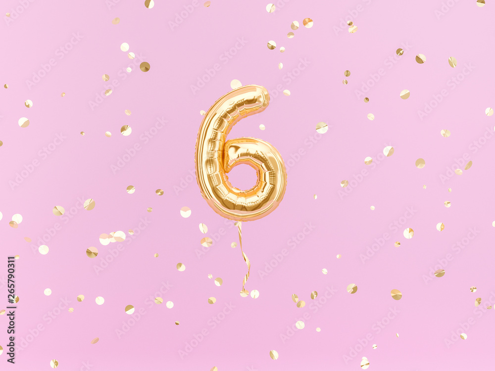Six year birthday. Number 6 flying foil balloon on pink. Six-year anniversary gold confetti background. 3d rendering - obrazy, fototapety, plakaty 