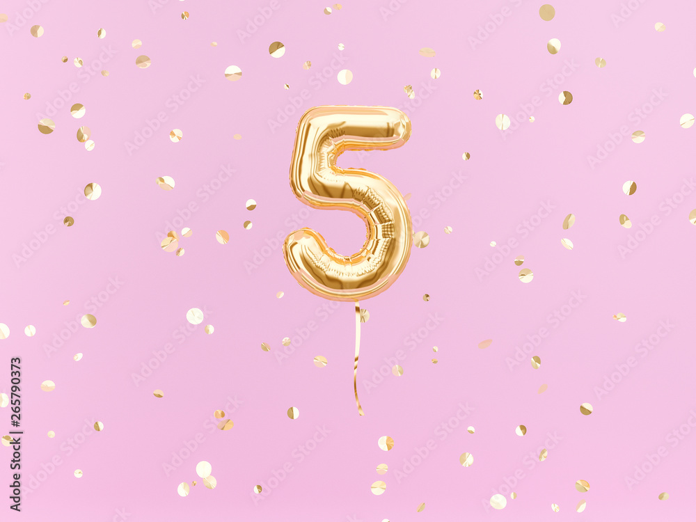 Five year birthday. Number 5 flying foil balloon on pink. Five-year anniversary gold confetti background. 3d rendering - obrazy, fototapety, plakaty 